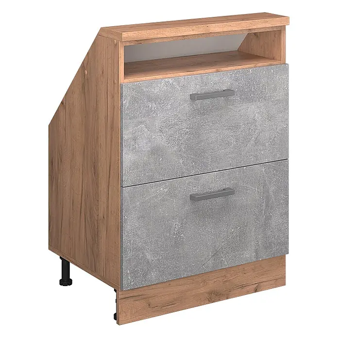 Vicco Schrankküche R-Line Beton mit 2 Schubladen - Beton, Dachschrägenschrank 60cm mit Schublade - Zweischubladen-Küchenunterschrank mit Holzoptik-Seiten/Platte und grauen Betonoptik-Fronten, plus offenem Fach.