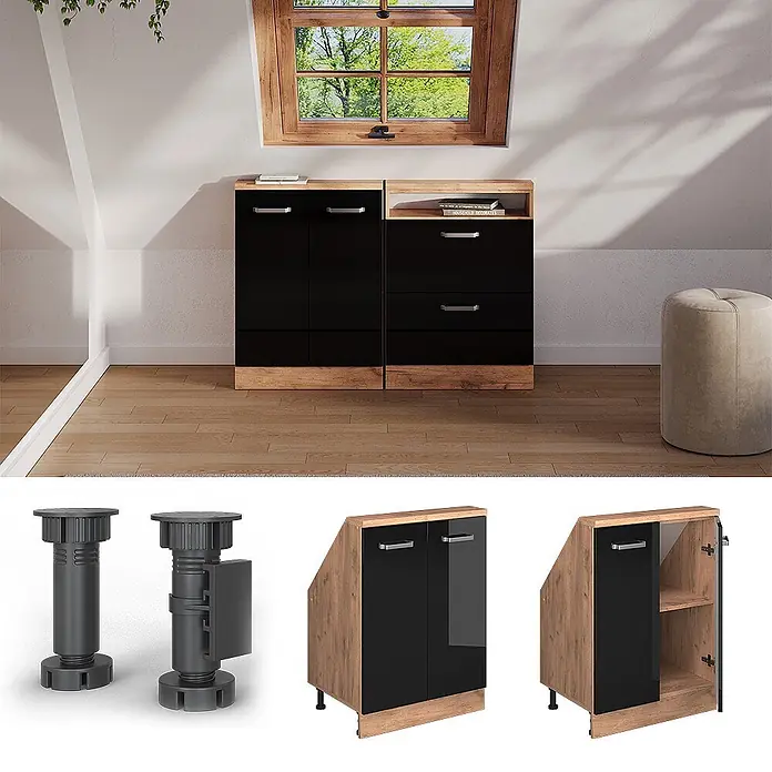 Vicco Küchenleerblock R-Line Schwarz Hochglanz mit 2 Türen - Breite: 60 cm, Schwarz Hochglanz - Zwei schwarze und holzfarbene Schränke mit verstellbaren Beinen, für Dachschrägen, in einem Dachzimmer.