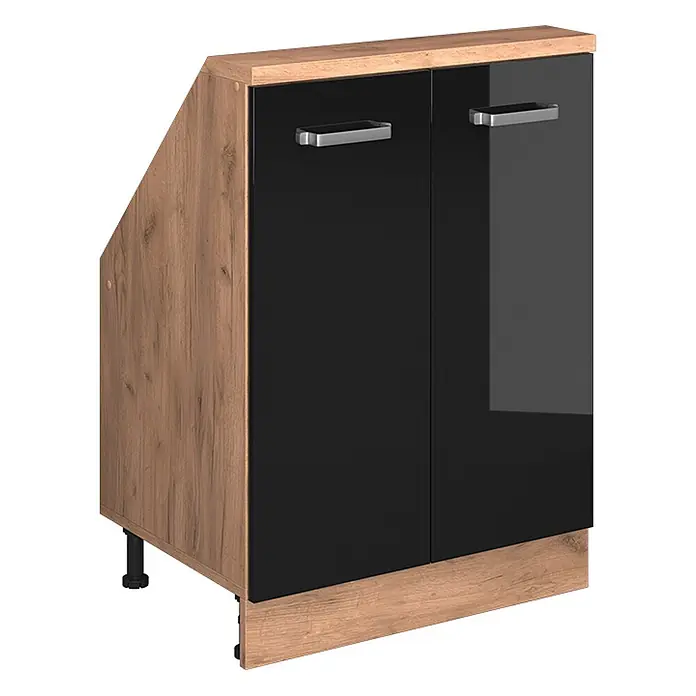 Vicco Küchenleerblock R-Line Schwarz Hochglanz mit 2 Türen - Breite: 60 cm, Schwarz Hochglanz - Schwarzer glänzender zweitüriger Küchenunterschrank mit schräger Holzseite, Oberplatte, Sockelblende, silbernen Griffen und verstellbaren Füßen.