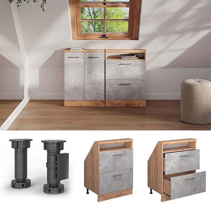 Vicco Schrankküche R-Line Beton mit 2 Schubladen - Beton, Dachschrägenschrank 60cm mit Schublade - Modulare Sideboards mit heller Holzoptik und grauen Beton-Effekt-Fronten, eines mit Türen, eines mit Schubladen & Ablage.
