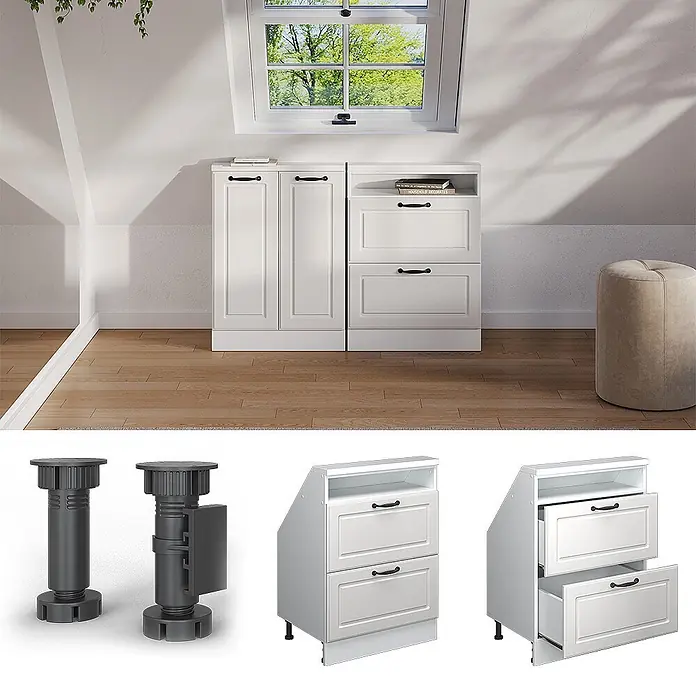 Vicco Küchenleerblock R-Line Weiß Landhaus mit 2 Schubladen - Breite: 60 cm, Weiß Landhaus - Weißes modulares Dachschrägenmöbel mit Schrank und Winkelschubladenelement auf verstellbaren Füßen.