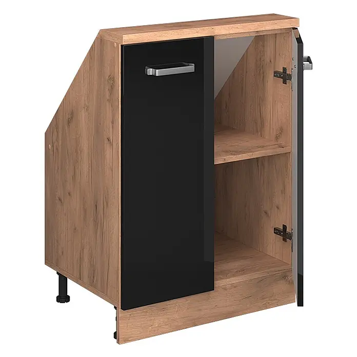 Vicco Küchenleerblock R-Line Schwarz Hochglanz mit 2 Türen - Breite: 60 cm, Schwarz Hochglanz - Angeschrägter Unterschrank in Holzoptik mit schwarzer Tür, silbernem Griff und offenem Innenregal.