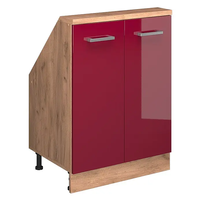 Vicco Küchenleerblock R-Line Rot Hochglanz mit 2 Türen - Breite: 60 cm, Rot Hochglanz - Roter Hochglanz-Unterschrank mit zwei Türen, Holzdekorrahmen, angeschrägter linker Seite und silbernen Griffen.