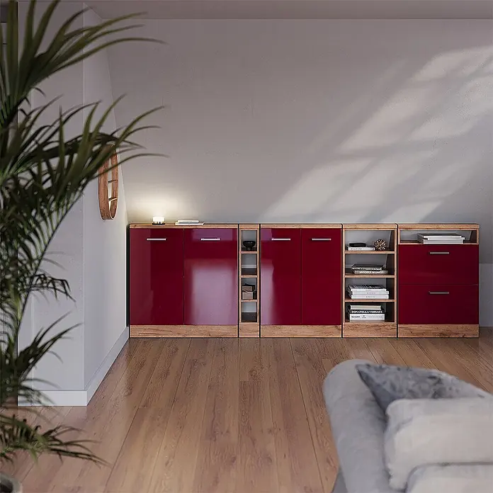 Vicco Küchenleerblock R-Line Rot Hochglanz mit 2 Türen - Breite: 60 cm, Rot Hochglanz - Modulare Schränke in Hochglanzrot und Holz mit Ablagen und Schubladen in einem modernen Wohnzimmer.