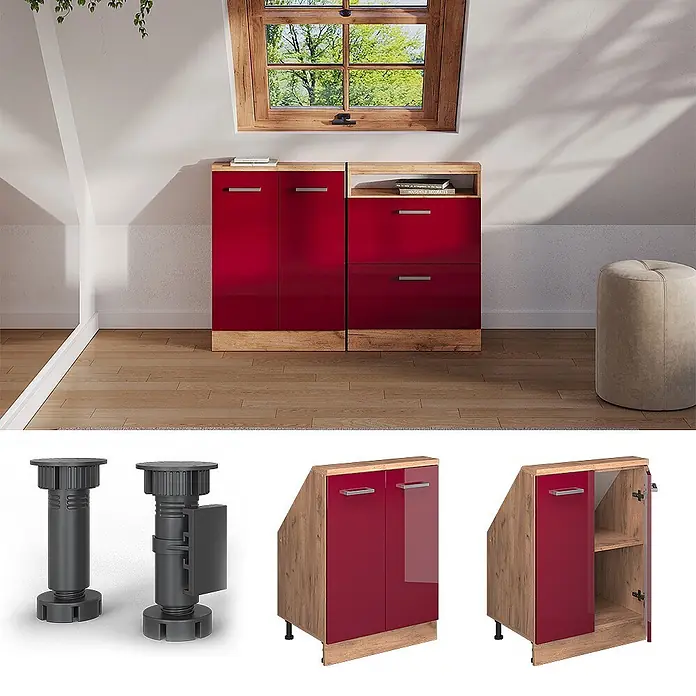 Vicco Küchenleerblock R-Line Rot Hochglanz mit 2 Türen - Breite: 60 cm, Rot Hochglanz - Rote und holzfarbene Dachschrägenschränke mit schrägen Oberseiten und verstellbaren Füßen, ideal für Dachböden.