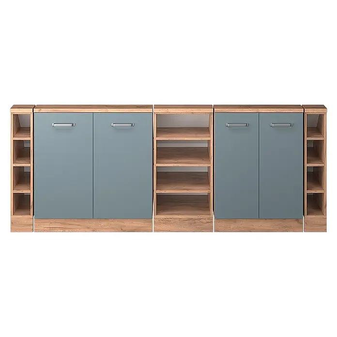 Vicco Schrankküche R-Line Blau-Grau 5er Set - Blau-Grau, Dachschrägenzeile 210cm - Modulare Aufbewahrungseinheit mit blaugrauen Schranktüren, Holzoptik-Oberfläche, Sockel und offenen Regalen.