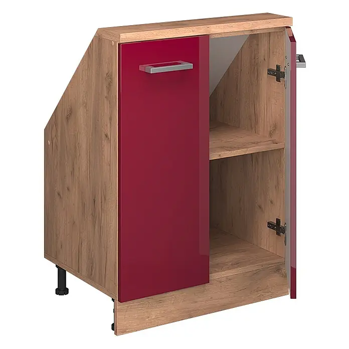 Vicco Küchenleerblock R-Line Rot Hochglanz mit 2 Türen - Breite: 60 cm, Rot Hochglanz - Schräger Küchenunterschrank mit glänzender roter Tür, Holzdekorrahmen und verstellbaren Füßen, teiloffen.