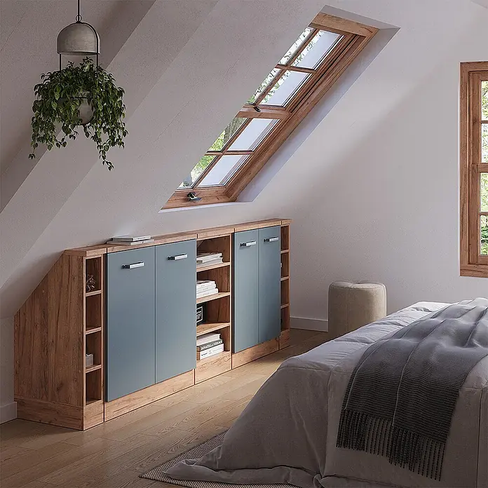 Vicco Schrankküche R-Line Blau-Grau 5er Set - Blau-Grau, Dachschrägenzeile 210cm - Maßgefertigte Holzoptik-Schränke mit blaugrauen Türen unter einer Dachschräge im Schlafzimmer.