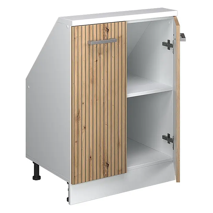 Vicco Schrankküche R-Line Artisan-Eiche mit 2 Türen - Artisan-Eiche, Dachschrägenschrank 60cm - Schräger weißer Schrank mit gerippter Holzoptik-Tür, silbernem Griff und offenem Fach mit einem Regal.