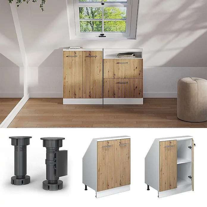 Vicco Schrankküche R-Line Artisan-Eiche mit 2 Türen - Artisan-Eiche, Dachschrägenschrank 60cm - Modulare weiße und Holzschränke mit Lamellenfronten unter einem schrägen Dachfenster.