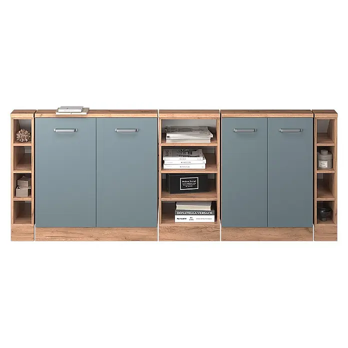 Vicco Schrankküche R-Line Blau-Grau 5er Set - Blau-Grau, Dachschrägenzeile 210cm - Modulares Aufbewahrungsmöbel mit blaugrauen Schranktüren und hellen Holzregalen zum Ordnen und Präsentieren von Gegenständen.