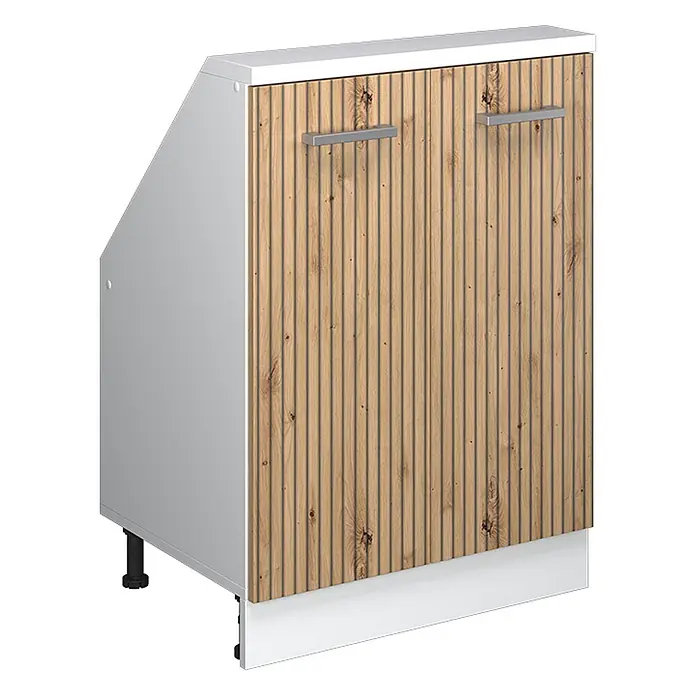 Vicco Schrankküche R-Line Artisan-Eiche mit 2 Türen - Artisan-Eiche, Dachschrägenschrank 60cm - Weißer Küchenunterschrank mit geriffelter Holzfront, zwei silbernen Griffen und schwarzen Stellfüßen.