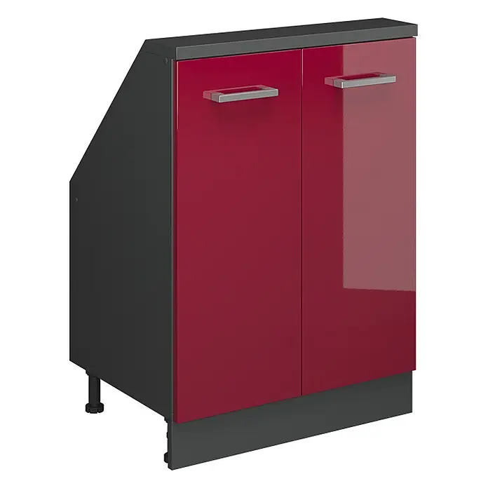 Vicco Küchenleerblock R-Line Rot Hochglanz mit 2 Türen - Breite: 60 cm, Rot Hochglanz - Roter Hochglanz-Unterschrank mit dunkelgrauem Korpus, abgeschrägter Seite und silbernen Griffen.