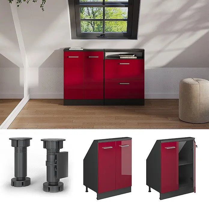 Vicco Küchenleerblock R-Line Rot Hochglanz mit 2 Türen - Breite: 60 cm, Rot Hochglanz - Glänzendes rotes Schranksystem mit schwarzem Rahmen, für Dachschrägen konzipiert, im Dachzimmer gezeigt, mit verstellbaren Füßen.