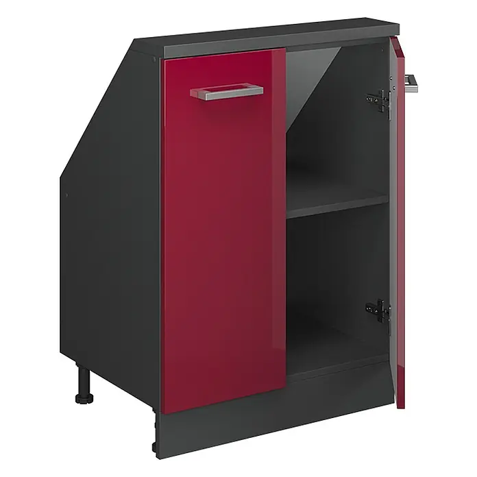 Vicco Küchenleerblock R-Line Rot Hochglanz mit 2 Türen - Breite: 60 cm, Rot Hochglanz - Dunkelgrauer Eckunterschrank mit glänzender roter Tür, internem Regal und verstellbaren Füßen.
