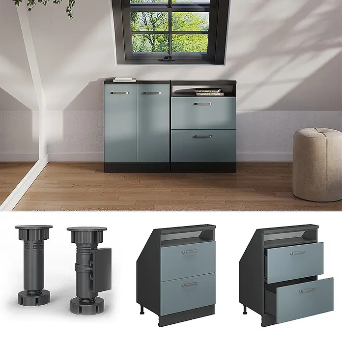 Vicco Küchenleerblock R-Line Blau-Grau mit 2 Schubladen - Breite: 60 cm, Blau-Grau - Hellblau-graue modulare Schranksysteme mit dunkelgrauem Rahmen, für Dachschrägen, gezeigt mit verstellbaren schwarzen Füßen.