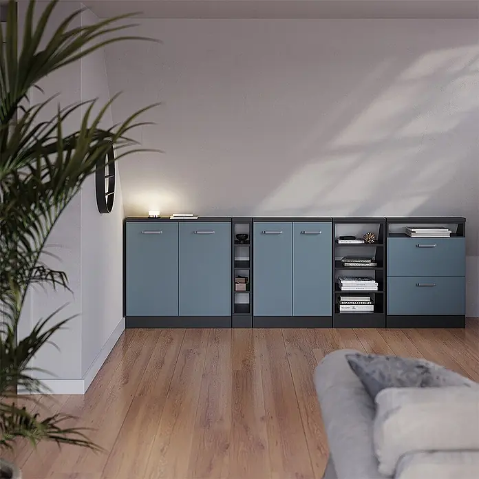 Vicco Küchenleerblock R-Line Blau-Grau mit 2 Schubladen - Breite: 60 cm, Blau-Grau - Modulares Aufbewahrungssystem mit blauen Türen und dunkelgrauen Rahmen/Regalen in Wohnzimmerumgebung.