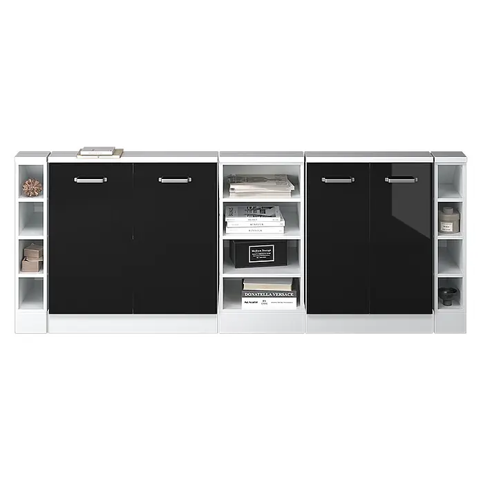 Vicco Küchenleerblock R-Line Schwarz Hochglanz 5er Set - Breite: 210 cm, Schwarz Hochglanz - Weißes modulares Stauraummöbel mit schwarzen Hochglanztüren und offenen Regalen, zur Präsentation und Organisation.