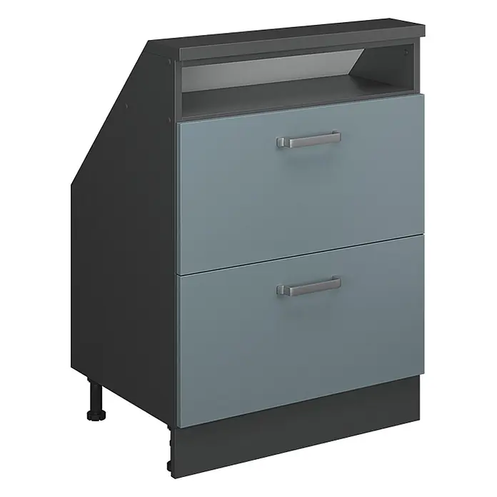 Vicco Küchenleerblock R-Line Blau-Grau mit 2 Schubladen - Breite: 60 cm, Blau-Grau - Zweischubladen-Schrank mit dunkelgrauem Korpus, hellblauen Fronten, offener Ablage oben und silbernen Griffen.