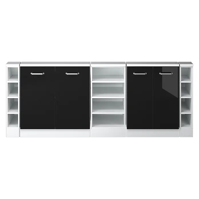 Vicco Küchenleerblock R-Line Schwarz Hochglanz 5er Set - Breite: 210 cm, Schwarz Hochglanz - Modernes schwarz-weißes modulares Aufbewahrungsmöbel mit glänzenden Türen und offenen Regalen.