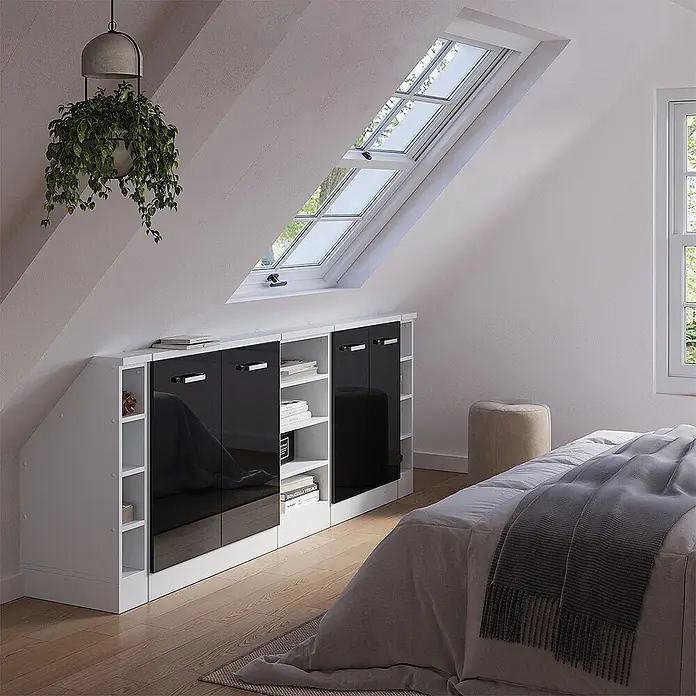 Vicco Küchenleerblock R-Line Schwarz Hochglanz 5er Set - Breite: 210 cm, Schwarz Hochglanz - Weißes und schwarz glänzendes, maßgefertigtes Stauraummöbel unter einer Dachschräge, mit offenen und geschlossenen Fächern.