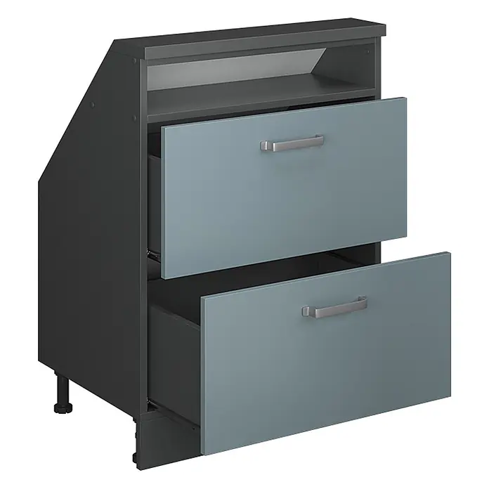 Vicco Küchenleerblock R-Line Blau-Grau mit 2 Schubladen - Breite: 60 cm, Blau-Grau - Zweischubladenschrank mit dunkelgrauem Korpus und hellblau-grauen Fronten, beide Schubladen leicht geöffnet.