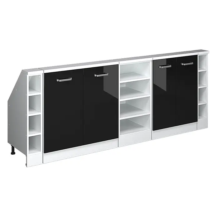 Vicco Küchenleerblock R-Line Schwarz Hochglanz 5er Set - Breite: 210 cm, Schwarz Hochglanz - Weißer modularer Schuhschrank mit schwarzen Hochglanztüren, silbernen Griffen und offenen Fächern, links abgeschrägt.