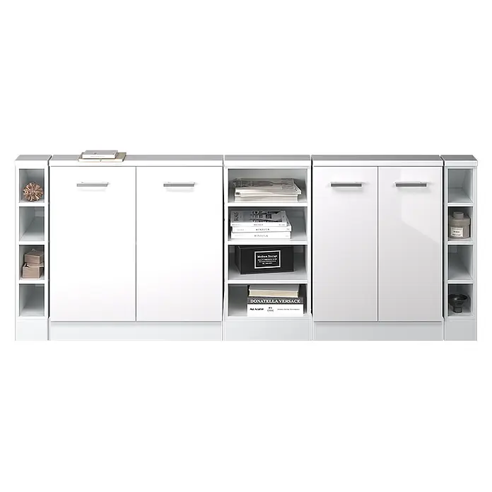 Vicco Schrankküche R-Line Weiß Hochglanz 5er Set - Weiß Hochglanz, Dachschrägenzeile 210cm - Weißes, glänzendes modulares Aufbewahrungssystem mit geschlossenen Schränken und offenen Regalen zur Präsentation und Organisation.