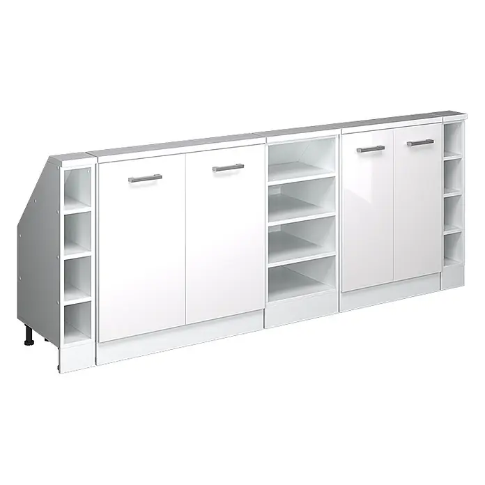 Vicco Schrankküche R-Line Weiß Hochglanz 5er Set - Weiß Hochglanz, Dachschrägenzeile 210cm - Weißes, modulares Aufbewahrungsmöbel mit Hochglanztüren, offenen Fächern und schräger Seite.