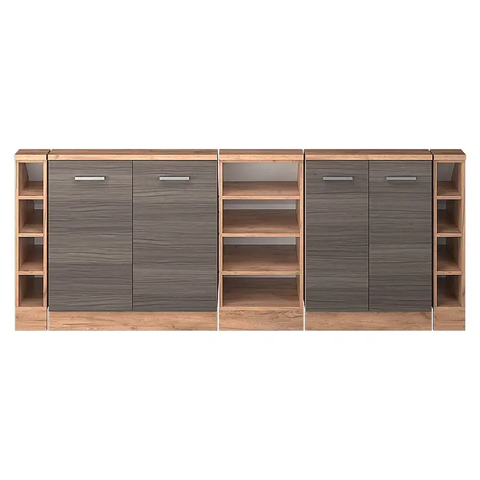 Vicco Schrankküche R-Line Edelgrau 5er Set - Edelgrau, Dachschrägenzeile 210cm - Modulares Schranksystem mit dunkelgrauen Türen in Holzoptik und hellbraunen Regalen, Ober- und Unterteilen für Stauraum.