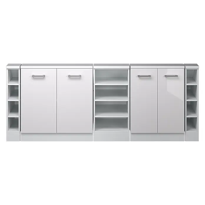 Vicco Schrankküche R-Line Weiß Hochglanz 5er Set - Weiß Hochglanz, Dachschrägenzeile 210cm - Weißes modulares Aufbewahrungsmöbel mit glänzenden Schränken und offenen Regalen.