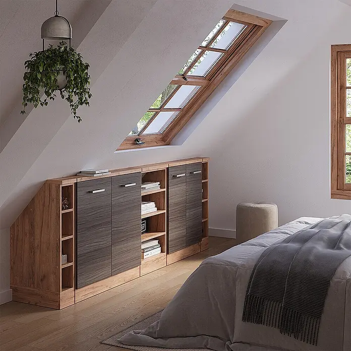 Vicco Schrankküche R-Line Edelgrau 5er Set - Edelgrau, Dachschrägenzeile 210cm - Maßgefertigtes Dachschrägenregal mit hellen Holzregalböden und dunklen Holztüren, in ein Schlafzimmer integriert.