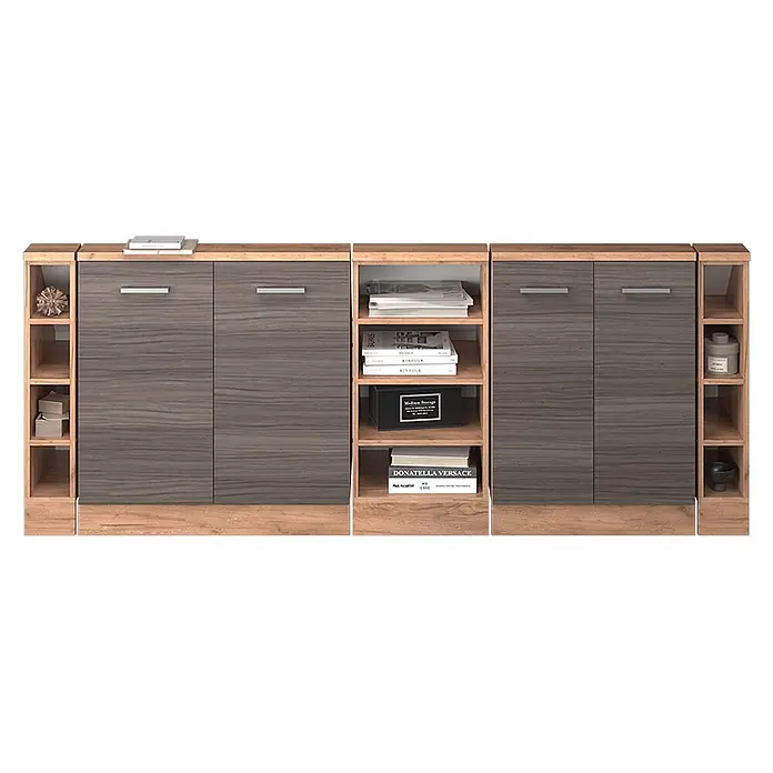 Vicco Schrankküche R-Line Edelgrau 5er Set - Edelgrau, Dachschrägenzeile 210cm - Zweifarbiges Modulschranksystem mit dunklen Holztüren und hellen offenen Regalen, ideal für Stauraum und Präsentation.