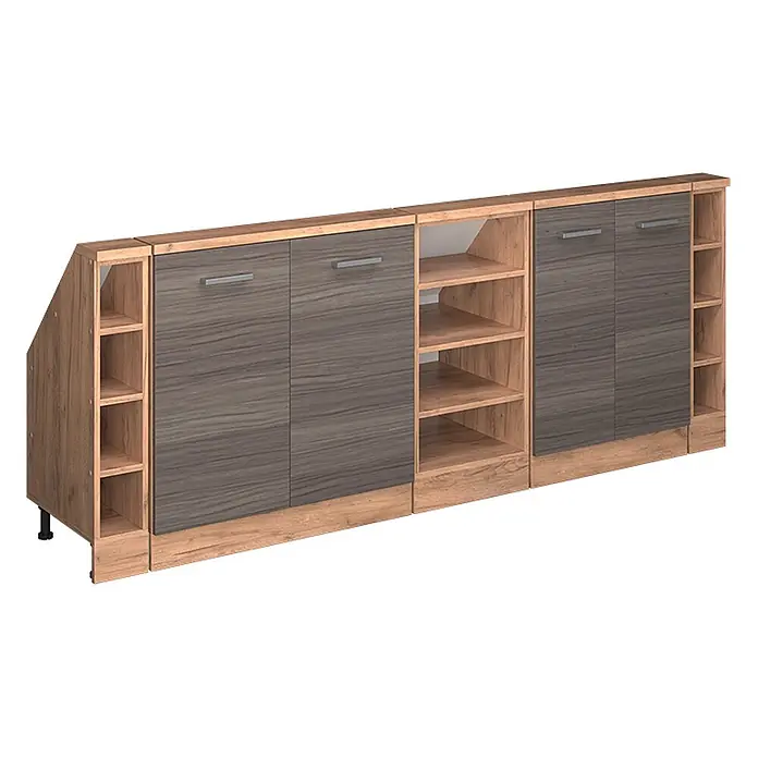 Vicco Schrankküche R-Line Edelgrau 5er Set - Edelgrau, Dachschrägenzeile 210cm - Modulares Stauraummöbel mit dunkelgrauen Schranktüren in Holzoptik und hellen Holzregalen, links abgeschrägt für Dachschrägen.