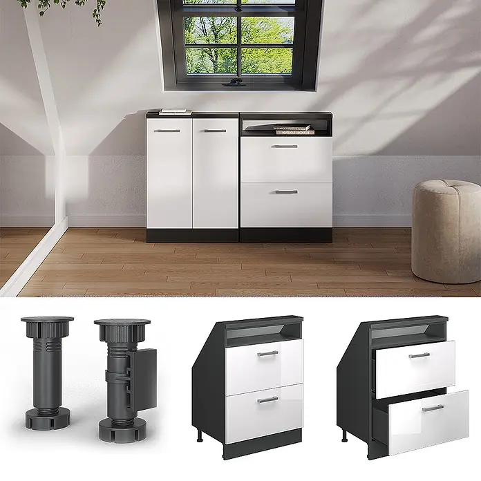 Vicco Küchenleerblock R-Line Weiß Hochglanz mit 2 Schubladen - Breite: 60 cm, Weiß Hochglanz - Schwarzes und weißes Modulmöbel für Dachschrägen in einem Dachzimmer, kombiniert Schrank und Schubladenelement.