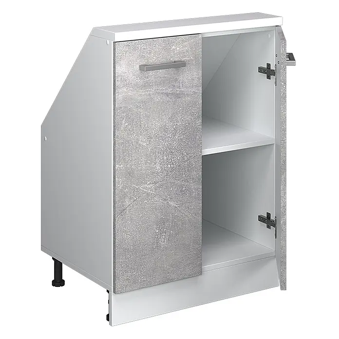 Vicco Schrankküche R-Line Beton mit 2 Türen - Beton, Dachschrägenschrank 60cm - Weißer Unterschrank mit abgeschrägter linker Seite, grauer Tür in Betonoptik, Einlegeboden und verstellbaren Füßen.