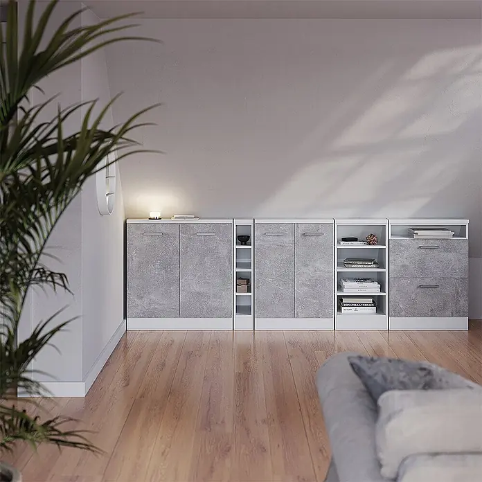 Vicco Schrankküche R-Line Beton mit 2 Türen - Beton, Dachschrägenschrank 60cm - Modulares Stauraum-System in Grau-Weiß mit geschlossenen Schränken, offenen Regalen und Schubladen für vielseitige Organisation.