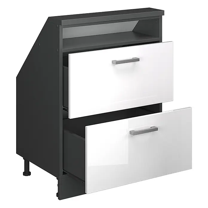 Vicco Küchenleerblock R-Line Weiß Hochglanz mit 2 Schubladen - Breite: 60 cm, Weiß Hochglanz - Dunkelgrauer Eckschrank mit zwei glänzend weißen Schubladen, eine offen, und einer offenen Ablage. Mit verstellbaren Füßen.