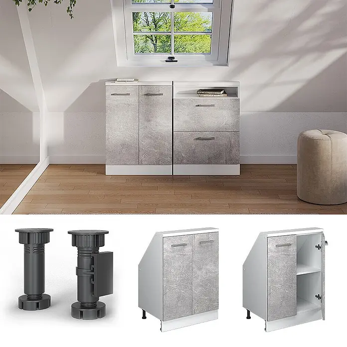 Vicco Schrankküche R-Line Beton mit 2 Türen - Beton, Dachschrägenschrank 60cm - Zwei graue Schränke in Marmoroptik mit weißen Rahmen, konzipiert für Dachschrägen, in einem Dachzimmer.