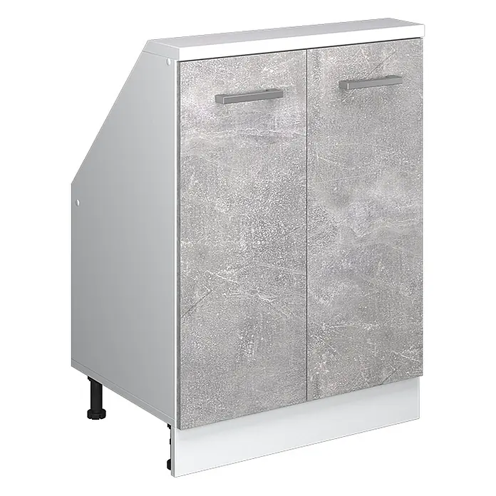 Vicco Schrankküche R-Line Beton mit 2 Türen - Beton, Dachschrägenschrank 60cm - Grauer Unterschrank mit zwei Türen in Betonoptik, weißer Platte und Sockel. Mit abgeschrägter Seite und verstellbaren Füßen.