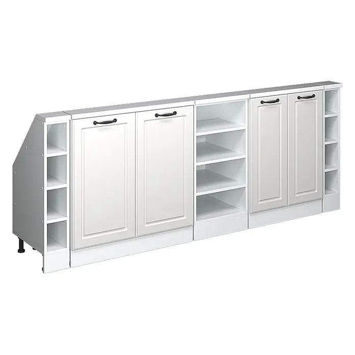 Vicco Schrankküche R-Line Weiß Landhaus 5er Set - Weiß Landhaus, Dachschrägenzeile 210cm - Modulares weißes Küchenschranksystem mit geschlossenen Türen, schwarzen Griffen und offenen Regaleinheiten, mit schräger Endplatte und Sockelleiste.