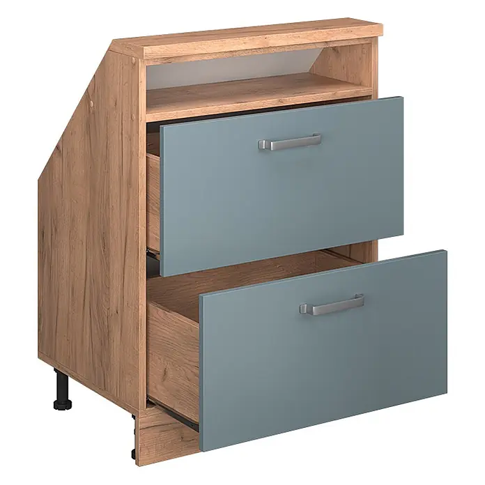Vicco Schrankküche R-Line Blau-Grau mit 2 Schubladen - Blau-Grau, Dachschrägenschrank 60cm mit Schublade - Holzfarbener Schrank mit zwei blaugrauen, geöffneten Schubladen und offener Ablage.