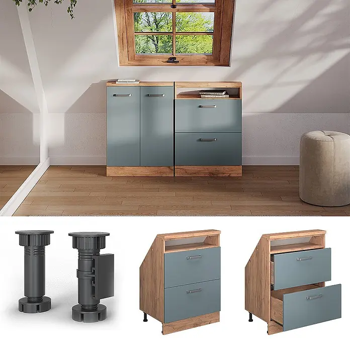 Vicco Schrankküche R-Line Blau-Grau mit 2 Schubladen - Blau-Grau, Dachschrägenschrank 60cm mit Schublade - Türkis-holzfarbene Dachschrägenschränke mit Metallgriffen. Einer mit Türen, der andere mit Regal und Schubladen.