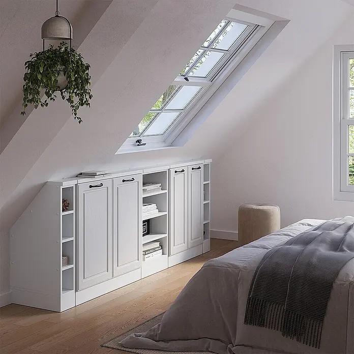 Vicco Schrankküche R-Line Weiß Landhaus 5er Set - Weiß Landhaus, Dachschrägenzeile 210cm - Weiße modulare Lagerschränke mit schwarzen Griffen, passgenau unter einer Dachschräge, bieten organisierten Stauraum im Dachzimmer.