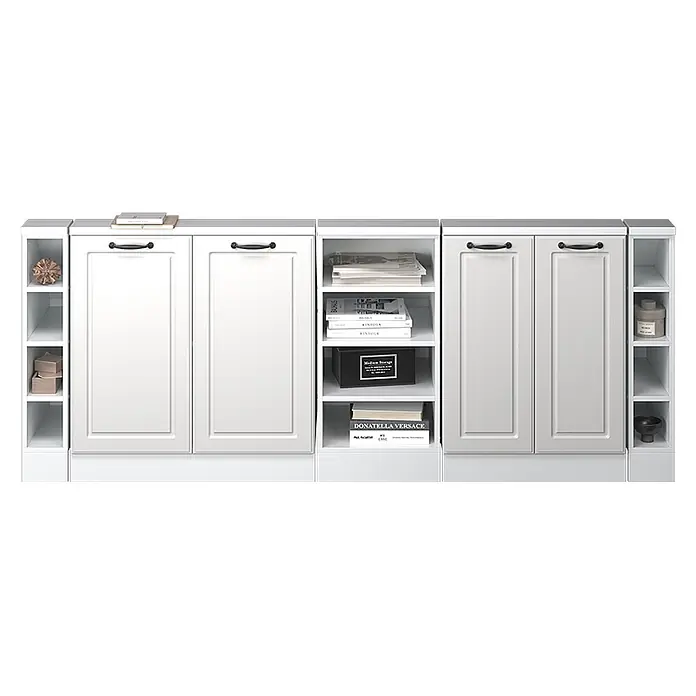 Vicco Schrankküche R-Line Weiß Landhaus 5er Set - Weiß Landhaus, Dachschrägenzeile 210cm - Modulares weißes Aufbewahrungssystem mit Schränken, offenen Regalen und schwarzen Griffen zur vielseitigen Organisation.