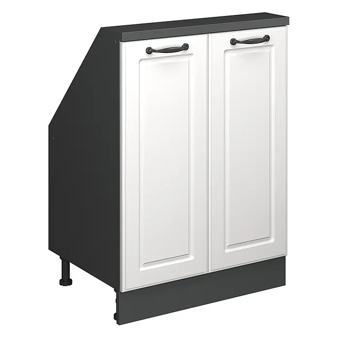 Vicco Schrankküche R-Line Weiß Landhaus mit 2 Türen - Weiß Landhaus, Dachschrägenschrank 60cm - Dunkelgrauer Küchenunterschrank mit weißen Shaker-Türen, schwarzen Griffen und abgeschrägter Seite.