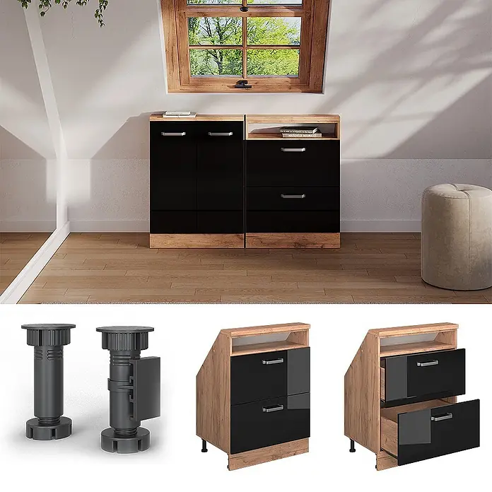 Vicco Küchenleerblock R-Line Schwarz Hochglanz mit 2 Schubladen - Breite: 60 cm, Schwarz Hochglanz - Schräge Unterschränke mit schwarzen Hochglanzfronten und Holzoptik-Rahmen, passend für Dachschrägen.