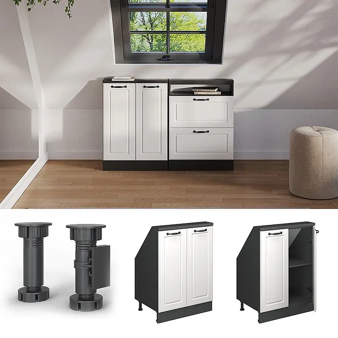 Vicco Schrankküche R-Line Weiß Landhaus mit 2 Türen - Weiß Landhaus, Dachschrägenschrank 60cm - Modulares Schranksystem mit weißen Türen und dunkelgrauen Rahmen, inklusive Schrägenschränken und verstellbaren Füßen.