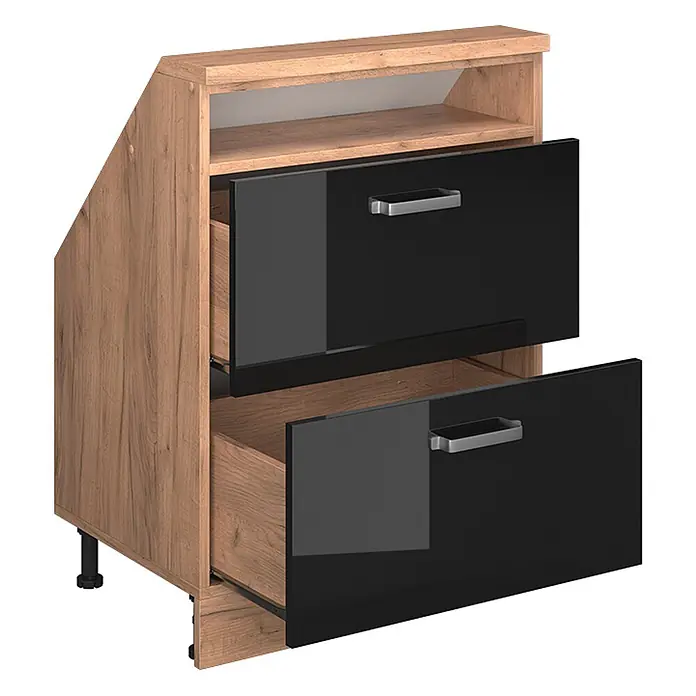 Vicco Küchenleerblock R-Line Schwarz Hochglanz mit 2 Schubladen - Breite: 60 cm, Schwarz Hochglanz - Unterschrank in Holzoptik mit zwei teilweise geöffneten schwarzen Hochglanzschubladen und silbernen Griffen. Schräge Seite, offenes oberes Fach.