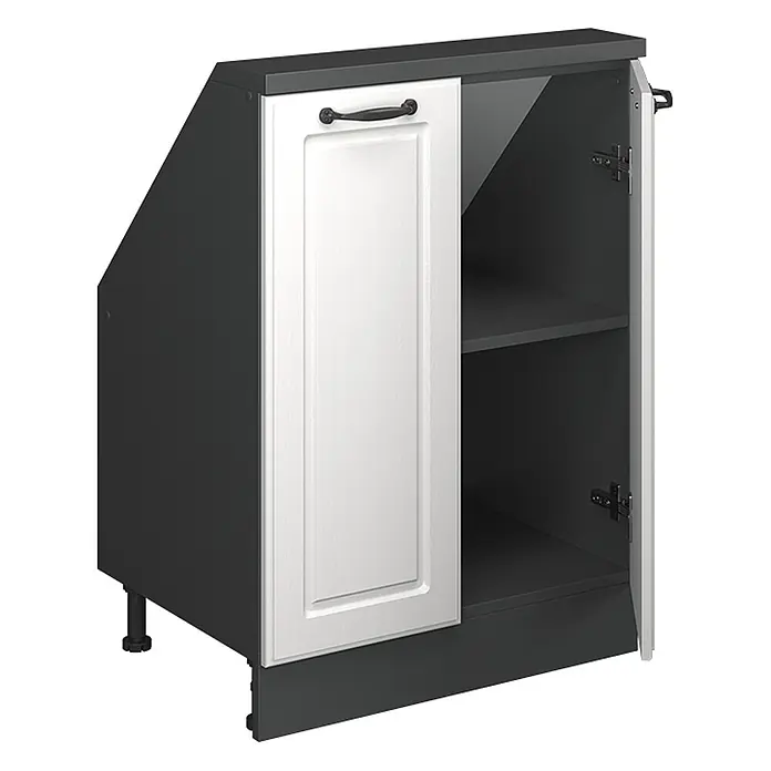 Vicco Schrankküche R-Line Weiß Landhaus mit 2 Türen - Weiß Landhaus, Dachschrägenschrank 60cm - Dunkelgrauer Eckunterschrank mit weißer Kassettentür, schwarzem Griff und Einlegeboden. Verstellbare Beine sichtbar.